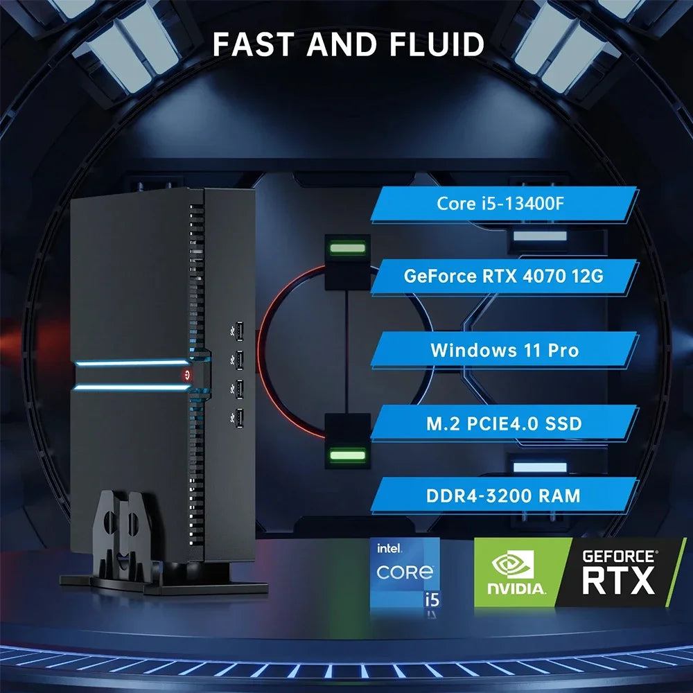 New Mini Discrete Graphics Gaming PC NVIDIA RTX4070 12G Intel Core i5-13400F Max 64G DDR5 RAM 2TB NVME SSD 8K HD Mini Gaming PC