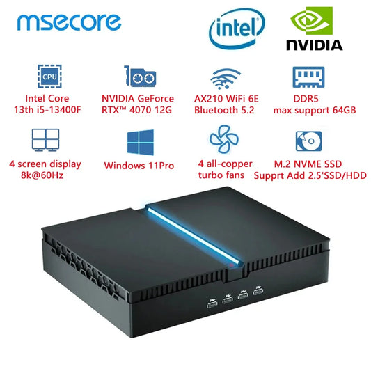 New Mini Discrete Graphics Gaming PC NVIDIA RTX4070 12G Intel Core i5-13400F Max 64G DDR5 RAM 2TB NVME SSD 8K HD Mini Gaming PC